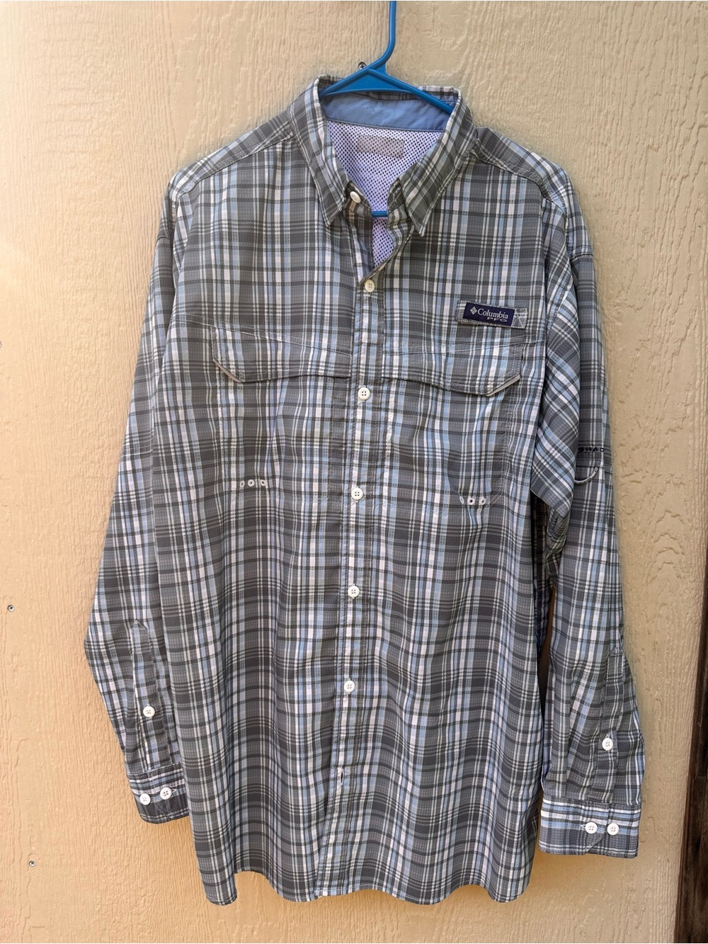Columbia Men's Gray and Blue Plaid Button-Down Shirt